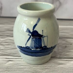 Vintage Dutch Delft Style Blue & White Windmill Small Vase or Creamer